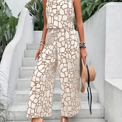 TEMU Women's 2pcs Geometric Print Tank Top & Pants Set - Blue , Ruched Detail, Sleeveless, Polyester, Spring/summer, Casual Attire|geometric Print Top|polyester Image