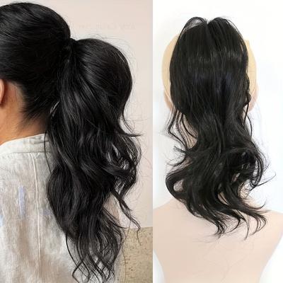 "TEMU 12" Elegant Black Wavy Ponytail Extension For Women - Natural, Curly Fiber Hairpiece With Clip For Daily Use, Stylish Long Hair Accessory|curly Texture|highquality Fiber, Hair Extension" Image