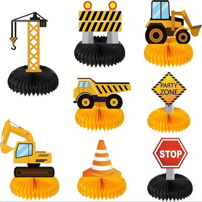 TEMU 8pcs Engineering Vehicle Birthday Party Decorations - Excavator, Crane, Truck, And Cones With Paper Honeycomb Bases - Birthdays, Graduations, And Use - No Electricity Required Image