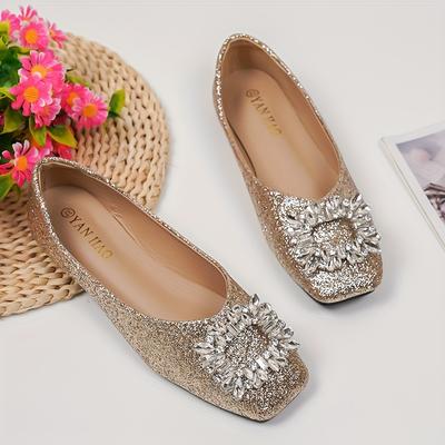 TEMU Elegant Sequin Slip-on Flats For Women - Lightweight, , Square Toe Design With Glittery Embellishments, Cover Upper & , Parties & Casual Wear Image