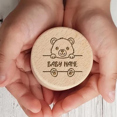 TEMU 1pc Custom Engraved Wooden Tooth Keepsake Box - Personalized Animal Print Memory Case For Children, Non-waterproof, Snap Closure, Gender Neutral - Lion, Elephant, Bear Designs Image