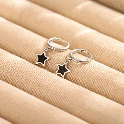 TEMU Elegant Black Star Hoop Earrings - Minimalist Copper Design For Everyday & Vacation Wear Image