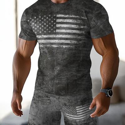 TEMU Men's Summer Casual Polyester Sweatsuit Set - 3d Print Crew Neck T-shirt And Shorts, Breathable Knit Fabric, Stretch, Regular Fit - Outdoor Leisure Sportswear Image