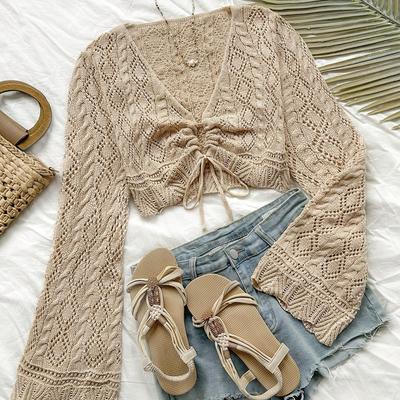 TEMU Elegant Vacation-style Knit Sweater For Women - Chic V-neck, Long Sleeve Pullover With Intricate Lace Detail, , Brown, Vacation Apparel|elegant Knitwear|acrylic Knitwear Image