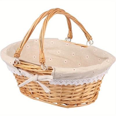 TEMU Elegant Oval Willow Wicker Picnic Basket With Floral Liner & Decorative Handles - Gatherings, Weddings, And Gift Presentations, Picnic Essentials|decorative Basket|woven Handle Basket Image