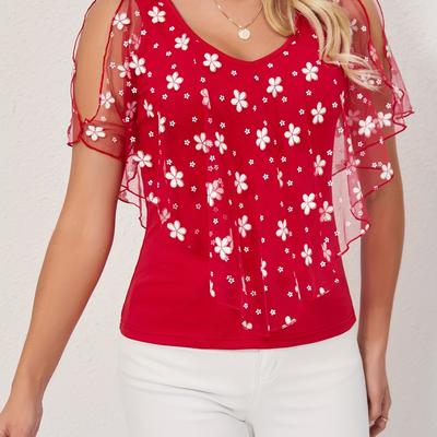TEMU Women's Elegant Tropical Floral Print Short Sleeve T-shirt - 100% Polyester, Lightweight 170gsm, Stretch, Spring Summer Fall Casual Top Image
