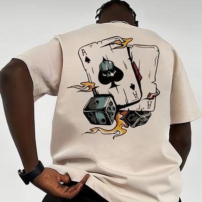 TEMU Men's Graphic Short Sleeve T-shirt - & Dice Print, Loose Fit Casual Round Neck, Breathable Polyester, Summer Outdoor Casual Wear, Print Shirt | Smooth Image