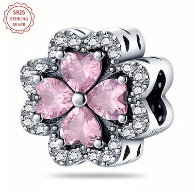 TEMU 925 Sterling Silver Heart-shaped Clover Bead Charm - Bracelets & Necklaces, Gift For Women, Birthday Charm | Elegant Design | Intricate Setting Image