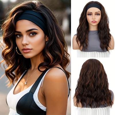 TEMU Glueless Adjustable Headband Wig - Short Wavy Bob Shoulder Length Curly Synthetic Hair, No-adhesive For Everyday Wear, Parties & Events, High-temperature Fiber, Women's Basics Style Image