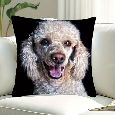 TEMU 1pc Poodle Puppy Decorative Pillowcase - 18x18 Inch, Double-sided Short Plush Cushion Cover With Zipper Closure, Machine Washable, Sofa & Bedroom, Black & (no Insert), Dog Image
