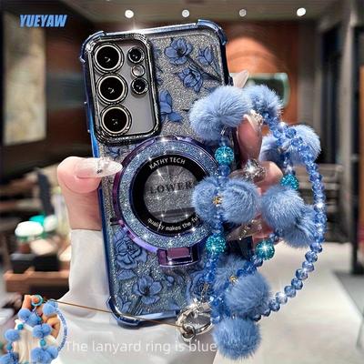 TEMU A Fluffy Ball Bracelet Suitable For S25 Phone Case, S24 Ultra Magnetic Stand For Women, New Autumn And Winter Galaxy High-end , S22 Four-corner Drop-resistant A73 Glitter Protective Cover. Image