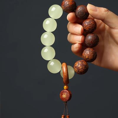 TEMU Vintage Style Hand Carved Wooden Beads With 12mm Lacquered Beads, Classic 20mm Handmade Wooden Bead Bracelet With Tassel Pendant, Unisex Beads For Meditation, Ideal Gift For Couples Image