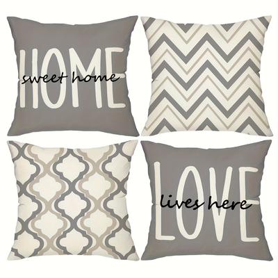TEMU 4pcs Gray Geometric Pattern Pillow Cover, 18x18 Inches - Modern Abstract Farmhouse Decoration, Zipper Closure, Hand Washable Polyester Sofa Cushion Cover, Suitable For Living Rooms, , And Sofas Image