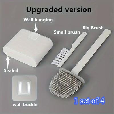 TEMU 1 Set Of 4 Rv Toilet Brushes With Wall Mount: Soft Silicone Brush Head, Long Handle And Extra Small Brush For Home Cleaning-rv Bathroom Essential Image