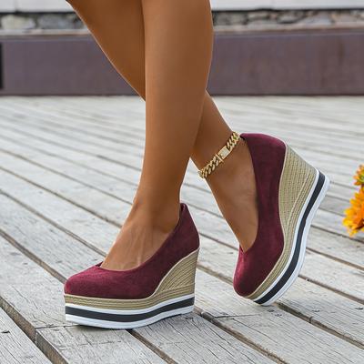 TEMU Women's Striped Wedge Heels - Fashionable Thick Sole Platform Pumps With Black Inner Lining, Versatile Dress Shoes Image