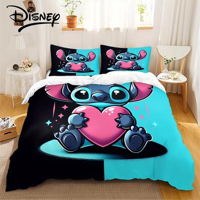 TEMU 3pcs Stitch & Stitch Bedding Set - Includes Quilt Cover & 2 Pillowcases, Cute Cartoon Design With Heart, Machine Washable, Multiple Sizes, Room , , Bedroom Decor Image