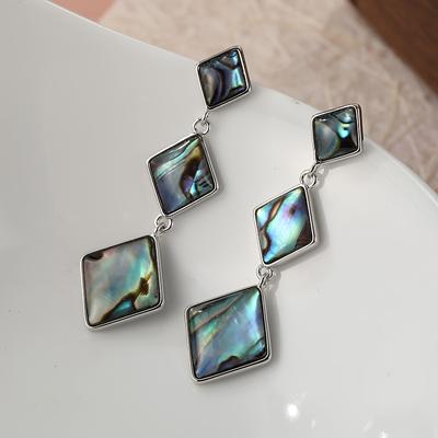 TEMU Handcrafted Bohemian Abalone Shell Earrings - Square Pendant Design, Teal & Iridescent Green, Copper Base, Ideal For Weddings & Gifts, Earrings|bohemian Style|real Abalone Shell Image