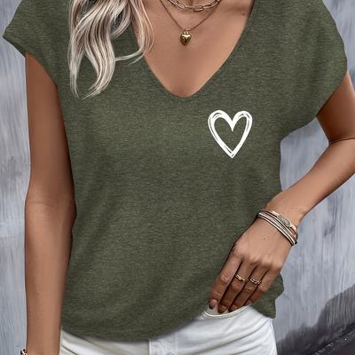 TEMU [] Women's Casual V-neck Short Sleeve T-shirt With Heart Print - Soft Polyester Blend, Brown, Spring/summer Outfits, Ladies T Shirts Image