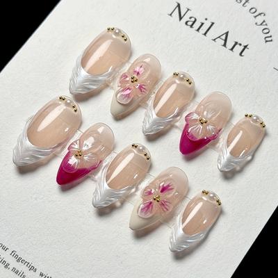 TEMU 10pcs Elegant Almond-shaped Nail Extensions With Rose & - Glossy Finish, Light , Sophisticated , Luxury Nail Art | Elegant Nail Design | Glossy Finish Nails Image