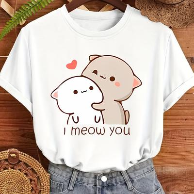 "TEMU Women's Cute Cat Graphic T-shirt - "i You" , Casual Round Neck Short Sleeve Tee, Soft Fabric, Spring/summer/fall, Cat Shirt" Image