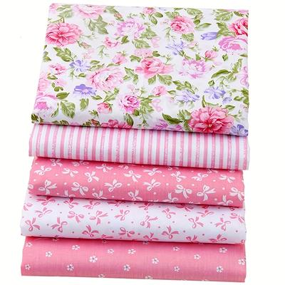 TEMU 5pcs Pink Floral & Striped Fabric Bundle - 15.8 X 19.7 Inches, Pre-cut Quilting & Material For Diy Crafts, Soft Polyester Blend, Hand Wash Only Image