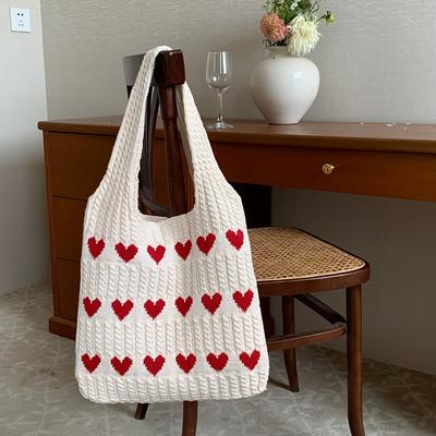 TEMU Chic Knit Heart Pattern Tote Bag - Shoulder Bag, Handmade Liningless, Elegant & Durable Shopping Bag, Ideal Valentine's Day Gift, Liningless Tote Bag|chic Shoulder Bag|durable Handle Bag Image