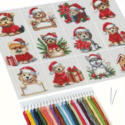TEMU 12pcs Diy Stitch Dog Embroidery Kit, Festive Christmas Hat Designs, All Fabric Craft Supplies, Stitched Canvas For Home Decor, Gift For Beginners Image