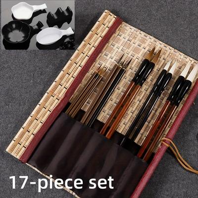 TEMU 12pcs Set, 17pcs Set, Painting Brush Set, With Bamboo Bag - High-quality Watercolor And Traditional Calligraphy Brushes, Suitable For Artist Image