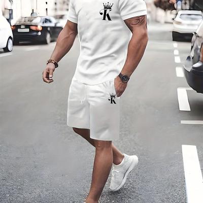 TEMU Crown K Pattern 2pcs Stylish Men's Clothing, Casual Crew Neck Short-sleeved T-shirt And Drawstring Shorts Suit, Suitable For Summer, Men's Vacation Sportswear Image