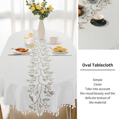TEMU 1pc Embroidered Oval Tablecloth With Tassels, Suitable For Round Dining Tables, 60x84 Inches Polyester Table Cover, Wrinkle-free Kitchen Dining Decor Image