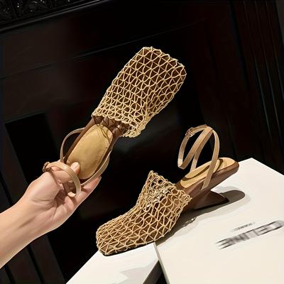 TEMU Vintage-inspired Woven Hollow-out Square Toe Sandals For Women - Summer Collection, Chic Mid-heel Single-strap Design With Thick Heel, Brown Fabric Upper & Rubber Sole Image