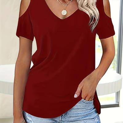 TEMU Solid Color Cold Shoulder V Neck T-shirt, Short Sleeve Casual Top For Summer & Spring, Women's Clothing Image