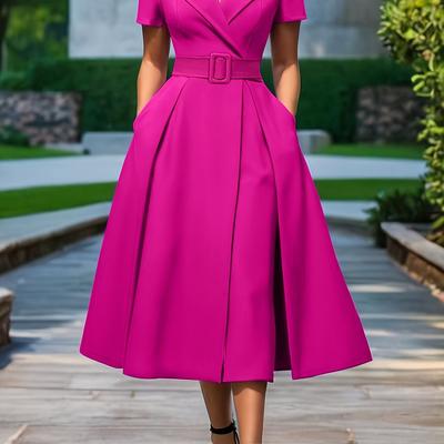 TEMU Women's Elegant Short Sleeve A-line Dress With Adjustable Waist Tie - Vibrant Pink Solid Color, Machine Washable Summer Office & Casual Wear, Versatile Commuter Dress, Nontransparent Fabric Image