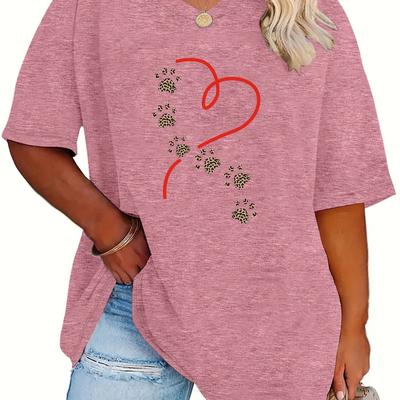 TEMU Plus Size Women's Casual V-neck T-shirt - Loose Fit Drop Shoulder Short Sleeve Top With Floral Letter Print, Soft Rayon Blend Fabric, Machine Washable, , Ladies T Shirts Image