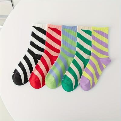 TEMU 5 Pairs Women's Mid-calf Socks - Trendy Geometric Diagonal Stripes, Color-blocking Design, , Machine Washable, Assorted Colors For Casual & Formal Outfits, Cute Socks, Comfortable Knitwear Image
