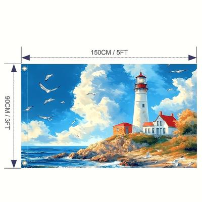 TEMU 1pc Coastal Lighthouse Flag - 100% Polyester, Vibrant Red-and-white Striped Design With Artistic Lighthouse Scene, Outdoor Holiday Decor, Home Parties, And Coastal-themed Events, Nautical Decor Image