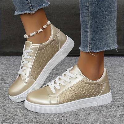 TEMU Women's Slip-resistant Low-top Casual Sneakers - Metallic Golden Crocodile-embossed Synthetic Cover, Breathable Fabric Lining & Rubber Sole, For Casual Attire, Ladies Sneakers Image