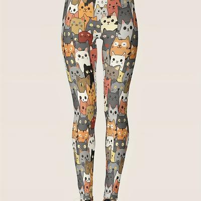 TEMU Women's Cat Print Leggings - Soft Polyester, Comfortable Knit Fabric, , Vibrant , Spring/summer/fall, Casual Wear| Cat Print|soft Texture Image