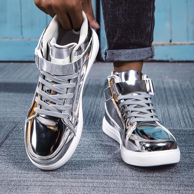 TEMU Men's High-top Sneakers With Holographic Finish - Lightweight Casual Shoes With Eva Sole, Comfortable Fabric Lining, Wear For Training, Running, And Image