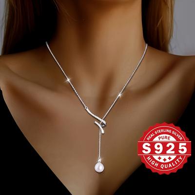 TEMU Women's Y-shaped Necklace, S925 Sterling Silvery With 6mm Bead Inlay, Unique And Elegant, Sexy Charm, Christmas Gift Or Evening Wear, Hypoallergenic Image