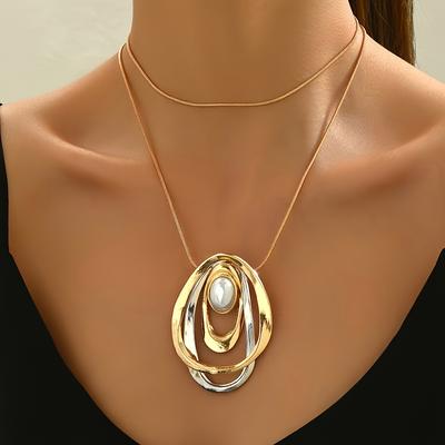TEMU 1 Golden Silvery Color- Geometric Hollow Oval Inlaid Acrylic Bead-embellished Pendant Fashionable Elegant Thin Snake Chain Women's Necklace Sweater Chain Image
