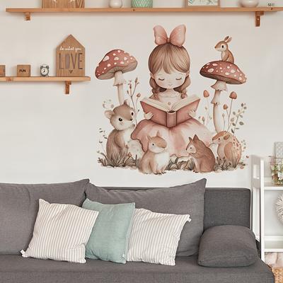 TEMU 1 Set Cartoon Squirrel Mushroom Princess Decal - Whimsical Forest Theme, Self-adhesive & Waterproof Pvc Sticker, Removable For Bedroom & Study Decor, 11.8x23.6 Inches, Stickers Image