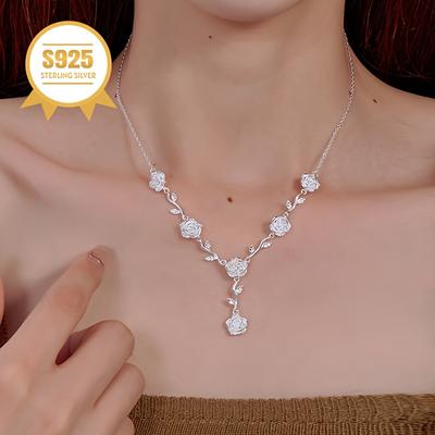 TEMU 925 Low Allergy Gentle And Elegant Rose Flower Necklace With High-end Design, Light Luxury Pendant, Valentine's Day Day Gift For Women, Gift Anti-oxidation Storage Box Packaged In 4.27g Image