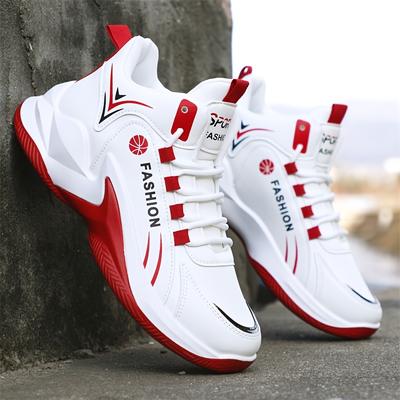 TEMU Men's High-top Sneakers - Anti-slip Pvc Sole, Breathable Pu Upper & Eva Cushioning - Casual Running Shoes For Gym, Work, Walking - White/red Sneakers With Lace-up Closure Image