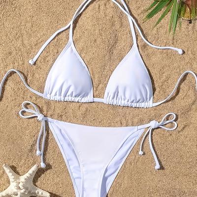 TEMU Solid Color Bikini Sexy Simple Vacation Beach Casual Swimsuit With Drawstrings On Image