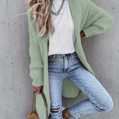 TEMU Women' Long-cardigan Sweater - Ribbed Knit, Drop Shoulder, Solid Green, Fall & Winter, Casual Attire||ribbed Knit Cardigan Image