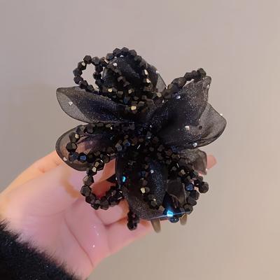 TEMU 1pc Elegant Minimalist Black Hair Ring With Rhinestone Flowers - Plastic Hair Accessory For Day, Versatile Fashion Hair Clip For Women, Single Piece Image