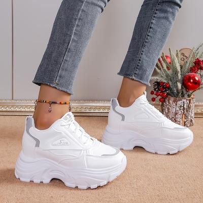 TEMU Women's Fashionable White Chunky Platform Sneakers - High Quality, Lace-up Casual Sneakers With Rubber Sole, Comfortable Low- For Casual Attire Image