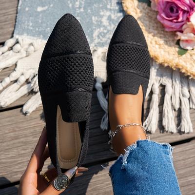 TEMU Women's Pointed Toe Slip-on Flats, Breathable Knit Upper & Rubber Sole, Comfortable All- In Black, Flats | Ventilated Design | Rubber Sole Shoes Image