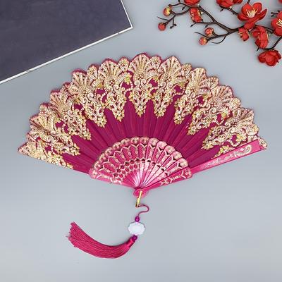 TEMU 1pc Oriental Style Fan, Dance Wedding Fan, Hand-made Antique Folding Fan, Decoration Daily To Send Parents A Gift, Wedding Proposal Engagement Accessories, Mother's Day Spring Season Gift Image